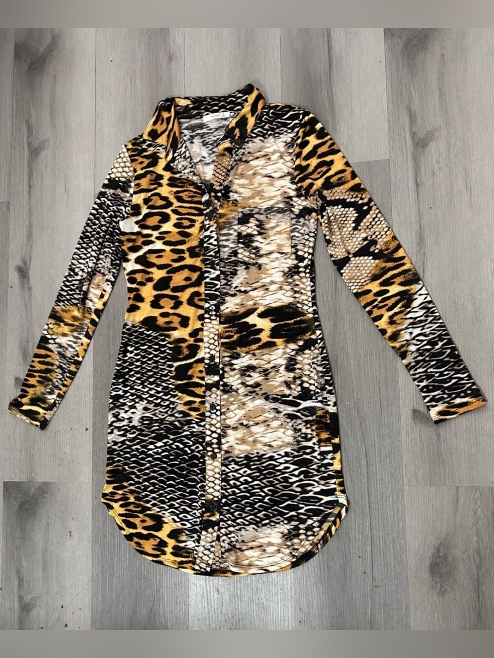 Timing Animal Print Long Sleeve Shirt Dress in Black, Brown, Cream